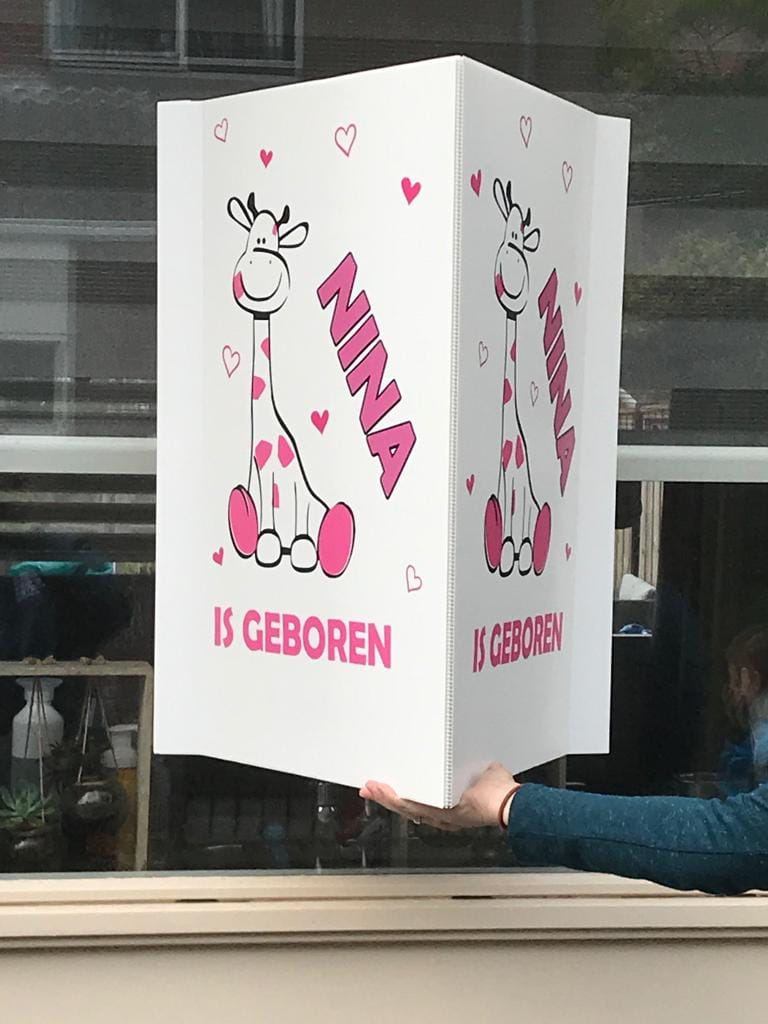 Geboortebord met giraf en de naam Nina voor het raam